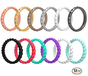 Arua Thin Silicone Wedding Rings for Women 6-Pack Stackable Silicone Rings, Diamond Pattern – Fashion Rubber Wedding Bands