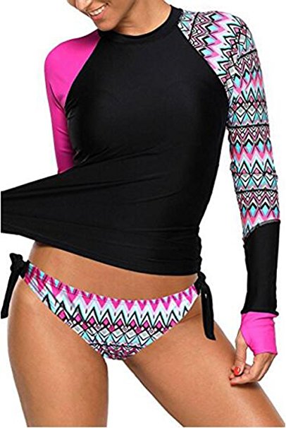 EVALESS Womens Geometric Print Contrast Long Sleeve Tie Side Rash Guard Tankini Swimsuit(S-XXXL)