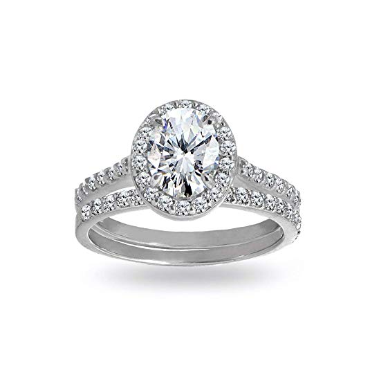 Sterling Silver Cubic Zirconia Oval-cut Halo Bridal Wedding Band Engagement Ring Set