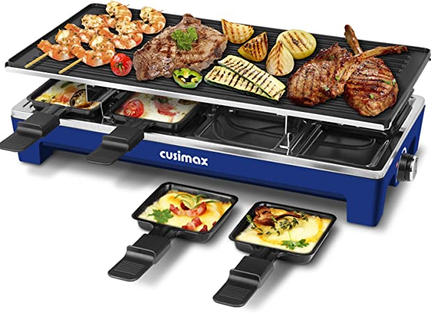CUSIMAX Raclette Grill Electric Grill Table, Portable 2 in 1 Korean BBQ Grill Indoor & Cheese Raclette, Reversible Non-stick Plate, Crepe Maker with Adjustable Temperature Control, 8 Paddles, Blue