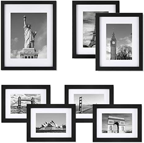 ONE WALL Tempered Glass Picture Frame Set of 7, Multi Pack Black Photo Frames for Wall or Tabletop Display, Gallery Wall Art Kit 1pcs 11x14, 2pcs 8x10, 4pcs 6x8 with Mats - Mounting Hardware Included