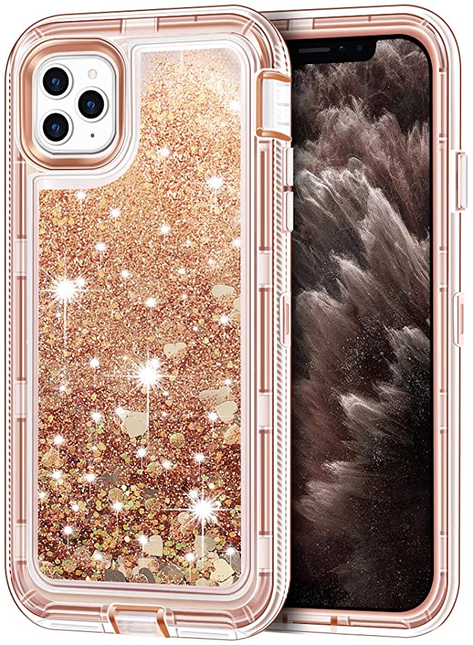 iPhone 11 Pro Max Case, Anuck 3 in 1 Hybrid Heavy Duty Defender Armor Sparkly Floating Liquid Glitter Protective Hard Shell Shockproof Anti-slip TPU Bumper Cover for iPhone 11 Pro Max 6.5" - Rose Gold