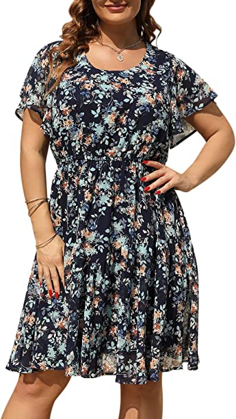 Nemidor Womens Casual Plus Size Summer Boho Chiffon Print Midi Skater Dress with Ruffle Sleeve NEM297