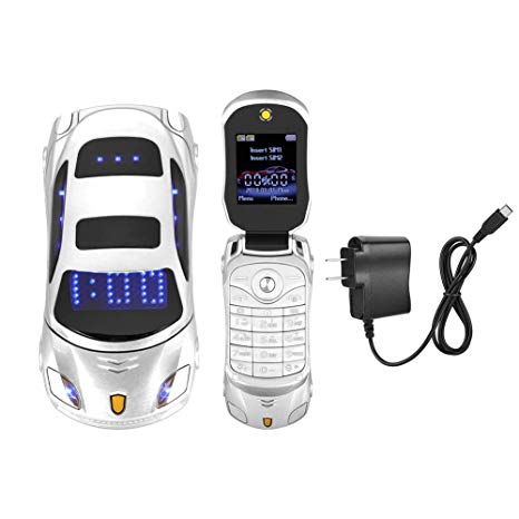 Student Flip Phone for Ferrari Car-Shape Phone Flip Keypad Car Model Mobile Phone GSM Cell Phone 100-240V, Support SMS, MP3, Camera, Video Playback, Recording, Radio, Bluetooth, Calculator(White)