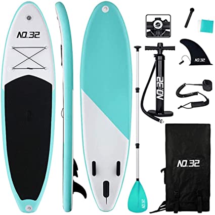 NO. 32 10ft / 3m Inflatable Stand Up Paddle Board | Inflatable SUP Board Beginner's Surfboard Kit w/Adjustable Paddle | Air Pump w/Pressure Guage | Repair Kit | Premium Leash & Carry Backpack
