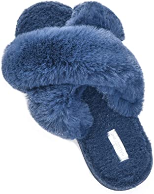 HALLUCI Women's Cross Band Soft Plush Fleece House Indoor or Outdoor Slippers