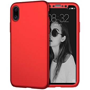 iPhone X Case, Coocolor [Perfect Fit] 360 Degree All-around Ultra Thin Full Body Coverage Protection Dual Layer Hard Slim Case   Tempered Glass Screen Protector For iPhone X-Red