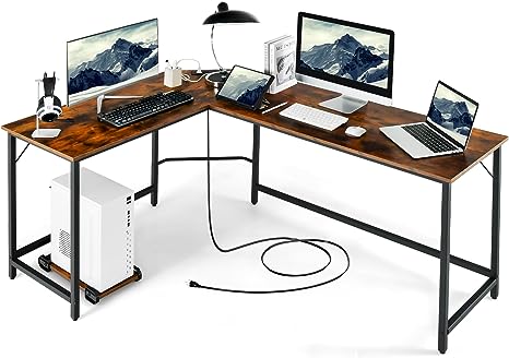 COSTWAY L-Shaped Desk with CPU Stand, 66 Inch Wooden Top Space-Saving Corner Desk w/Metal Frame, Large Computer Gaming PC Desk, Writing Table Study Desk for Bedroom, Study, Office (Rustic Brown)