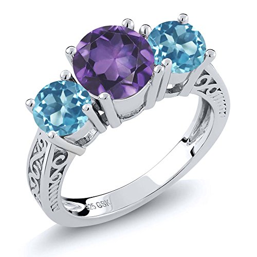 925 Sterling Silver Purple Amethyst and Swiss Blue Topaz Gemstone Birthstone 3-Stone Women's Engagement Ring 2.10 Ct Round (Available 5,6,7,8,9)