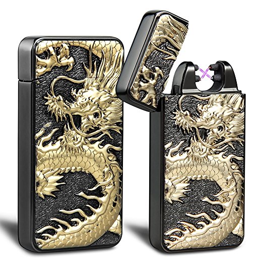 Kivors USB Rechargeable Windproof Flameless Electronic Pulse Double Arc Cigarette Lighter Belief Chinese Dragon Loong Lighter