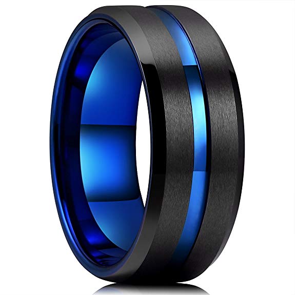 King Will DUO Mens 10mm Black Matte Finish Tungsten Carbide Ring Blue Beveled Edge Wedding Band