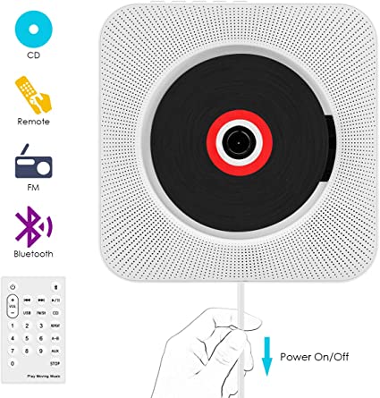 VIFLYKOO Bluetooth Wall Mounted CD Radio Music Player with Remote Control, Built-in 2 Hi-Fi Speakers, FM Radio, MP3, 3.5 mm Headphone Jack for Children, Students and Elder - White