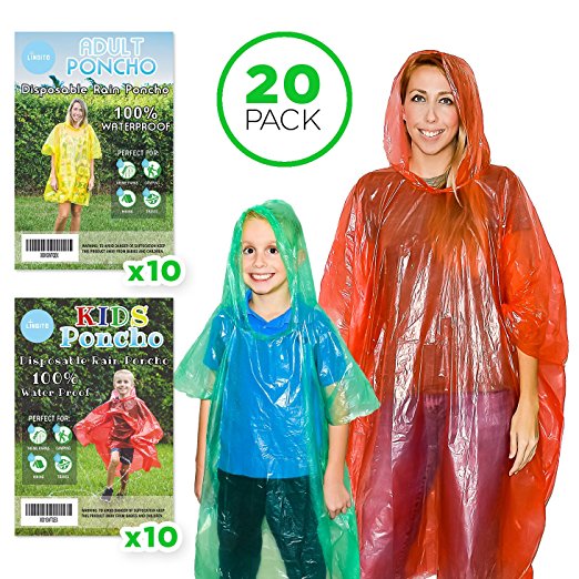 20 Rain Ponchos Family Pack - Adults and Children Poncho - Disposable Emergency Ponchos (2.0)