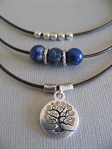 Blue Sodalite Gemstone Leather Tree of Life Necklace Boho Artisan