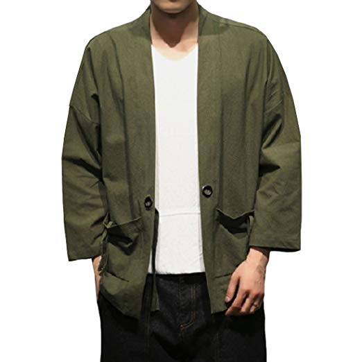Hzcx Fashion Men's Cotton Blends Linen Open Front Cardigan Kimono Jackets