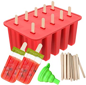 Popsicle Molds, Ouddy 10-Cavity Silicone Homemade Ice Pop Molds & A Silicone Funnel with 50 Pcs Wooden Sticks