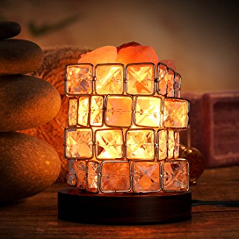 Salt Lamp, Natural Himalayan Crystal Rock Salt Lamps, Cube Night Light on Wooden Base with Dimmer Control for Air Purifying, Bedroom Lighting