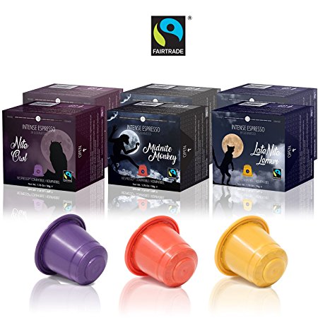 60 Nespresso Compatible Coffee Capsules - Fair Trade Coffee | Includes 3 Blends of Intense Dark Espresso Variety Pack | Gourmesso Nite Edition Bundle
