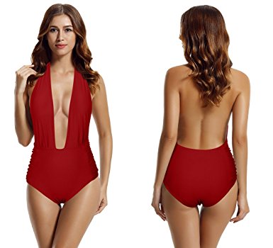 zeraca Women's Deep Plunge High Waisted One Piece Swimsuit Bathing Suit