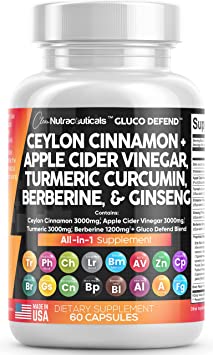 Ceylon Cinnamon 3000mg Turmeric 3000mg Apple Cider Vinegar 3000mg Ginseng 2000mg Berberine 1200mg Plus Bitter Melon Gymnema Milk Thistle Fenugreek Aloe Vera - Made in USA 60 Caps