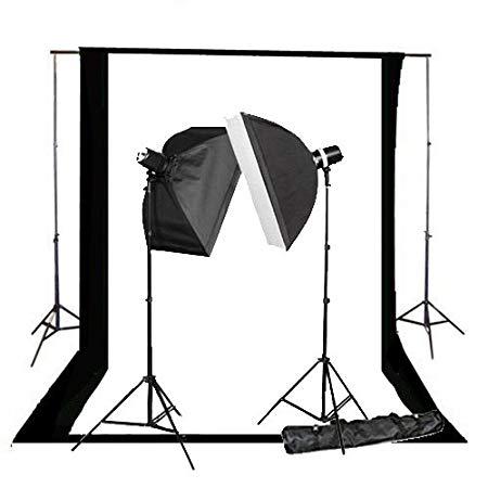 CowboyStudio 220 Watt Photography Studio Monolight Flash Lighting Kit - 2 Studio Flash/Strobe, 2 Softboxes, 1 Background Support System, Black & White Muslin Backdrops and Carry Case