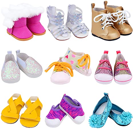 Ecore Fun American 18 Inch Girl Doll Accessories Includes Random Style 9 Pairs of Shoes Fit for 18 Inch Girl Doll Shoes Including Snow Boots, Leather Shoes, Sandals, Slipper