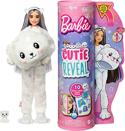 Barbie Doll Cutie Reveal Polar Bear Snowflake Sparkle Doll with 10 Surprises Pet, Color Change and Accessories Toys and Gifts for Kids