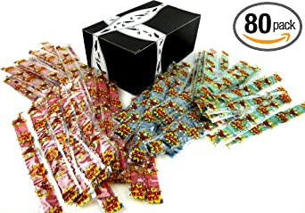 Dorval Sour Power Belts 4-Flavor Variety: Twenty 0.35 oz Individually Wrapped Packages Each of Green Apple, Blue Raspberry, Watermelon, and Strawberry Candy Belts in a BlackTie Box (80 Items Total)