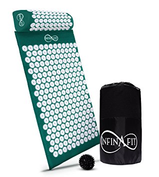 Infinafit Acupressure Set | Large Mat, Supportive Pillow and Spiky Foot Massage Ball included in a Convenient Carry Bag - Dark Green