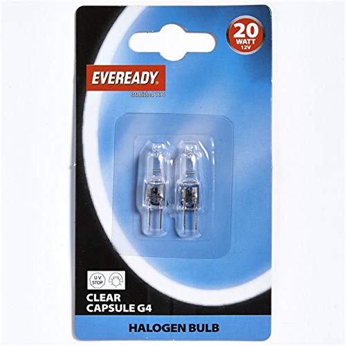 2 x Eveready G4 20W 12V Halogen Capsule Light Bulbs, Dimmable Lamps, 240 Lumen, 2000 Hours Life, Clear Finish