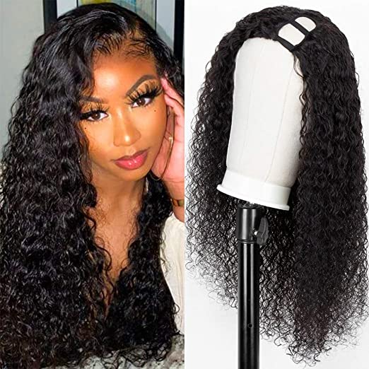 Persephone Left U Part Wig Brazilian Deep Wave Curly Human Hair Half Wigs for Black Women Glueless None Lace Front Side Part Machine Made Wigs 150% Density Natural Color 16 Inch