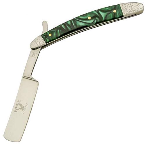 Red Deer Barber Grade Shaving Straight Razor - 1095 Carbon Steel Hollow Ground Blade - Green Pearl Handle Scales