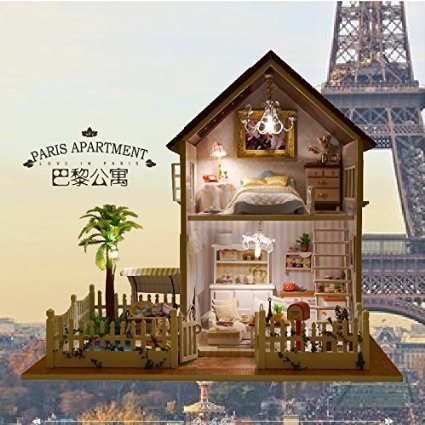 Ploy Paris Apartment Cuteroom Kit Wooden Dollhouse Miniature DIY Dolls Handmade House with Music &LED Light  without Glass Dust-proof Cover  for Girlfriend &children Birthday/Christmas Gift A025A