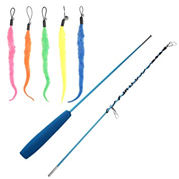 Aigou Cat Wand with Teaser Toys, Long Dangler Stick Fishing Rod with 5 Pieces Fun Teaser and bell Refill Pack for Cat and Kitten