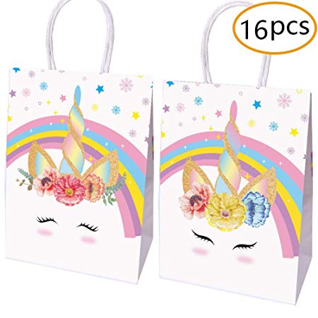 yizeda Unicorn Party Favor Bags – Set of 16 Decorated Paper Bags for Treats and Goodies(2 designs)