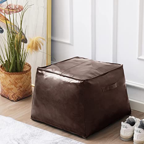 CUYOCA Unstuffed Leather Pouf Cover, Handmade Footstool Ottoman Storage Solution, Square Floor Footrest Footstool Cushion, 21.5x21.5x16 inches, Retro Brown