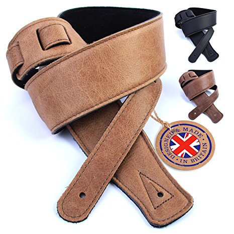 British Handmade Real Leather Guitar Strap: Finest Ultra Soft Italian Nappa Leather, 130cm long Foam Cushion Padded Guitar Belt to Relieve Back/Shoulder Pain, Suits Electric, Bass or Acoustic Instruments (inc Semi / Electro)