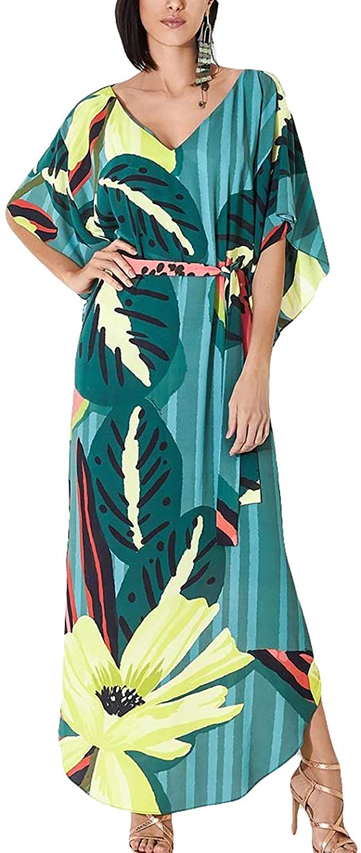 Bsubseach Women's Print Turkish Kaftan Beachwear Bikini Cover Up Maxi Dress