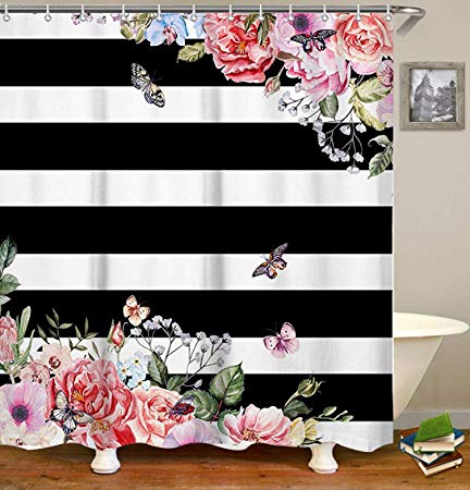 Livilan Waterproof Fabric Shower Curtain Set 70.8" x 70.8" Pink Flowers & Black White Stripes Pattern Decorative Thick Bathroom Curtain