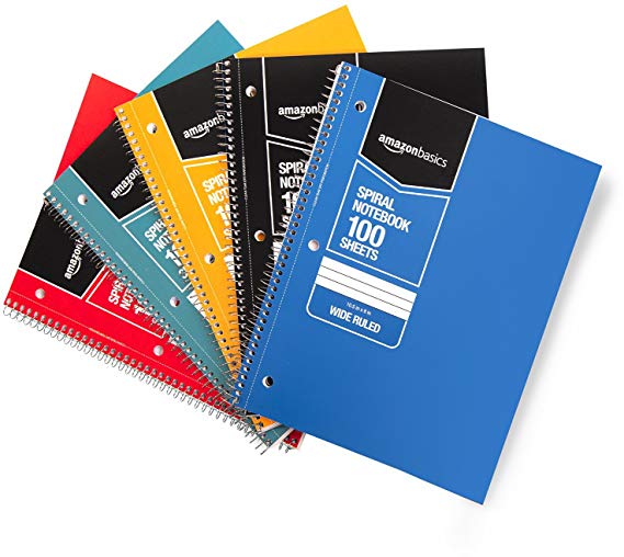 AmazonBasics Wide Ruled Wirebound Notebook, 100-Sheet, Assorted Solid Colors, 5-Pack