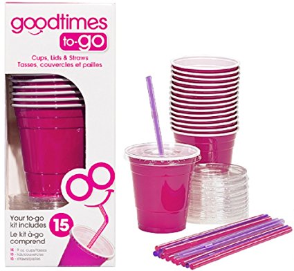Goodtimes 9oz Kids Cups To-Go Kits With Lids And Straws (15, Pink)