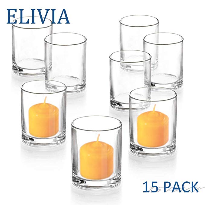 Elivia Clear Votive Candle Holder - Set of 15, Tealight Candle Holder Glass Cup for Wedding or Home Decor