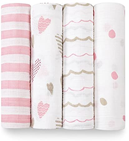 aden   anais Swaddle Blanket, Boutique Muslin Blankets for Girls & Boys, Baby Receiving Swaddles, Ideal Newborn & Infant Swaddling Set, Perfect Shower Gifts, 4 Pack, Heart Breaker