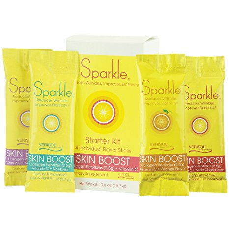 Sparkle Skin Boost Verisol Hydrolyzed Collagen Peptides Protein Supplements Powder Sticks Starter Kit with Vitamin C, 0.6oz (4 Flavors Variety Sample Pack)
