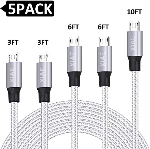 Micro USB Cable,XIAE 5Pack (3/3/6/6/10FT) Nylon Braided Fast Charging Cable Aluminum Housing USB Charger Android Cable for Samsung Galaxy S7 Edge S6 S5,Android Phone,LG G4,HTC and More-Silver&Gray