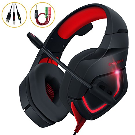 PC Gaming Headset, MillSO Over Ear Gaming Headphone for PS4, Xbox one, Mac with Adjustable Microphone & LED & 3.5mm Audio Jack Y Cable Adapter -- Red
