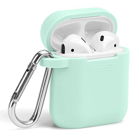 Airpods Case, GMYLE Silicone Protective Shockproof Wireless Charging Airpods Earbuds Case Cover Skin with Keychain kit Set Compatible for Apple AirPods 1 & 2 – Pastel Green