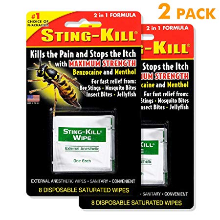 Sting-Kill Wipes, Fast Relief from Bee Stings, Mosquito Bites, Insect Bites, 8 Count-2 Pack