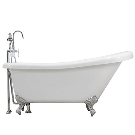 59" Hotel Collection Single Slipper Clawfoot Bath Tub & Faucet Pack, Chrome Fixtures and Feet