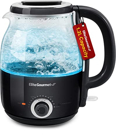 Elite Gourmet EKT1220B Honeypot Electric Cordless Glass Kettle with Temperature Control Tea Coffee & Keep Warm, Hot Water Boiler BPA Free, Auto Shut-Off, 1200 Watts, 1.2L, Black